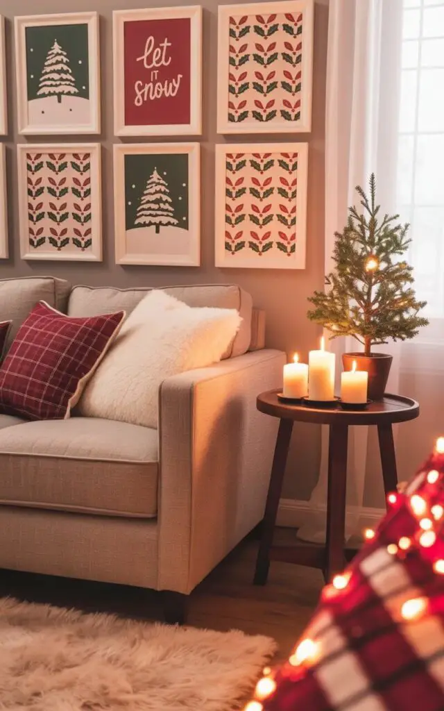 The living room features a comfortable gray fabric sofa positioned against a wall adorned with framed artwork. Six rectangular prints display scenes of snow-covered pine trees, typographic designs reading “'Let it Snow'”, and repeating patterns of holly leaves and berries in shades of red and green. A small, round side table made of dark wood sits beside the sofa, holding three pillar candles in glass holders and a small potted fir tree with delicate branches. Sunlight streams through a large window, illuminating a hardwood floor covered with a plush cream-colored rug and casting a soft glow on the room's neutral-toned walls.