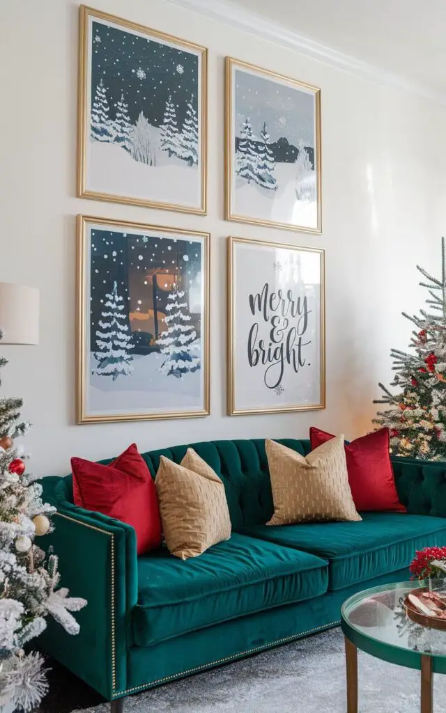 A photo of a Christmas living room with holiday-themed framed prints on the wall, featuring snowy landscapes and festive quotes like "Merry & Bright." Below the artwork, a very cozy sofa in deep green velvet adds a touch of luxury, with red and gold pillows providing festive accents.