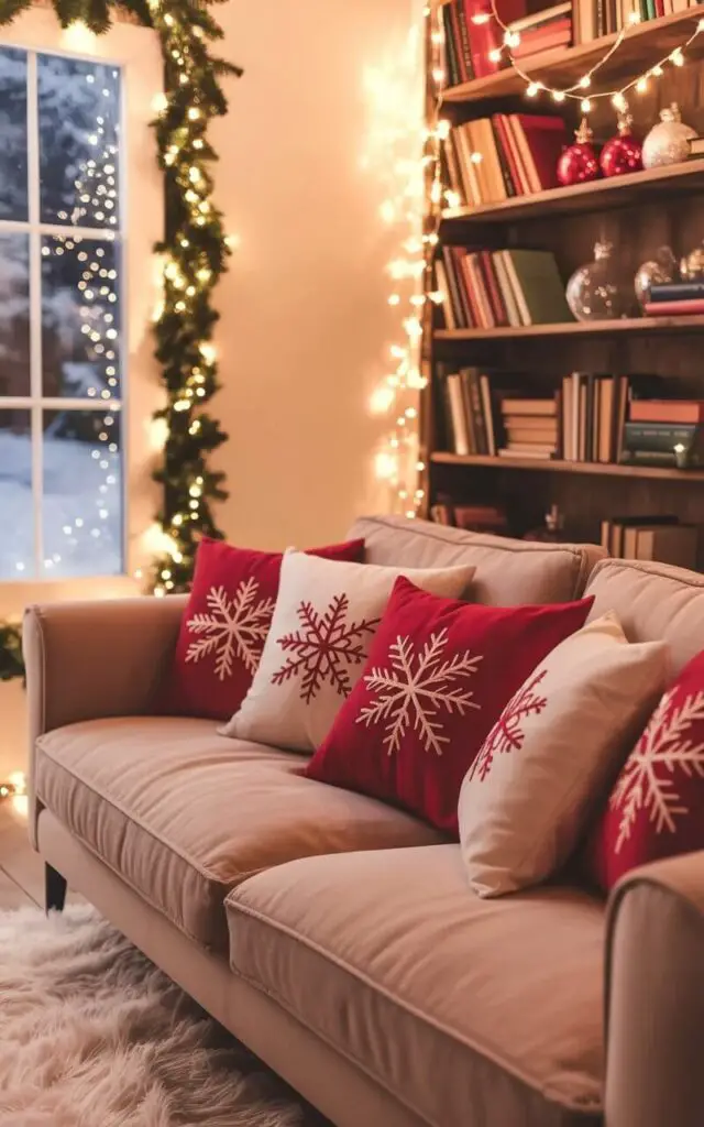 A plush beige linen sofa sits in the foreground of a living room, adorned with several red and white Christmas pillows featuring embroidered snowflake patterns. Neatly arranged holiday books and glass ornaments fill a rustic wooden bookshelf against a soft cream-colored wall, with strands of warm, twinkling fairy lights cascading down the wall and over the bookshelf. A fluffy white rug lies beneath the sofa, while an evergreen garland winds around a window frame, subtly reflecting the fairy lights on the glass panes. The room is bathed in the gentle glow of the lights, revealing a cozy atmosphere with a glimpse of a snow-covered landscape visible through the window.
