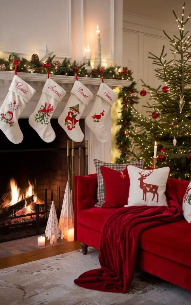 A festive Christmas living room adorned with holiday cheer: stockings embroidered with names and intricate holiday designs hang along the mantel. Beneath, a crackling fireplace adds warmth and ambiance. A plush sofa, draped in a luxurious red velvet throw and accented with reindeer-patterned pillows, sits invitingly nearby. Seasonal decorations, such as twinkling garlands, glowing candles, and a majestic Christmas tree, complete the cozy and celebratory scene.