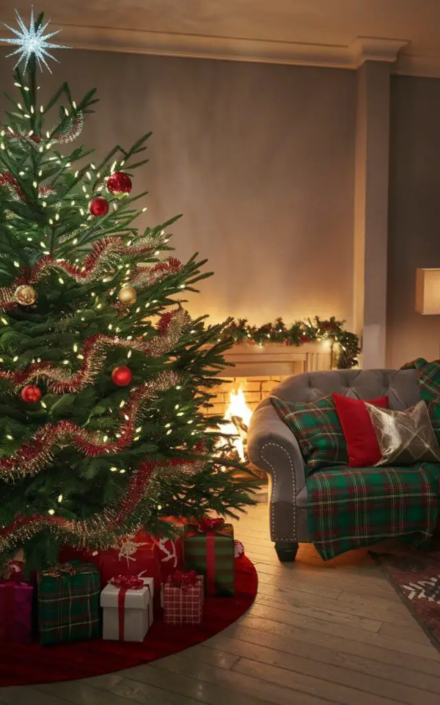 A cozy Christmas living room with a lush green tree elegantly decorated with red and gold ornaments, glittering tinsel, and a sparkling star on top. The room features a soft ambient lighting and a roaring fireplace in the corner. A very cozy upholstered sofa sits nearby, covered with tartan-patterned throw blankets and matching cushions. Under the tree lies a collection of beautifully wrapped gifts with shiny ribbons.