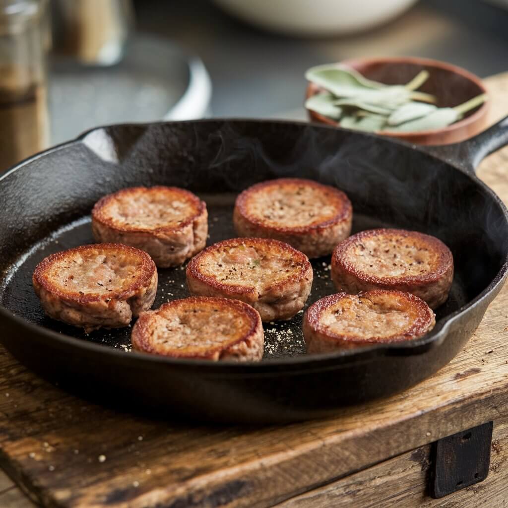 A photo of a cast-iron skillet on a rustic wooden table, with perfectly cooked, classic thin brown breakfast sausage patties sizzling. The thin patties are brown, round, and thick, with crispy, golden-brown edges and juicy interiors visible through slight cracks on the brown patties surface. There's a sprinkle of freshly ground black pepper in the skillet, and a small bowl of sage leaves next to it. The background is blurred, showing a kitchen with other cooking utensils.