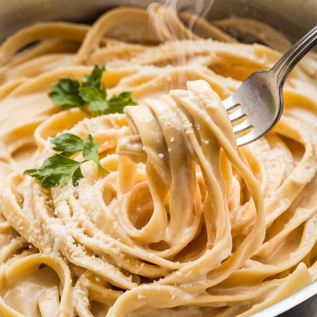 A photo of creamy pasta with long, flat fettuccine noodles generously coated in a silky, ivory-hued Alfredo sauce. The sauce clings to each noodle, giving it a luxurious, velvety shine. Parmesan is finely grated over the top, creating a light dusting of cheese, and fresh parsley sprigs add a touch of green. A silver fork twirls a serving of noodles, catching the creamy texture and slight curls of steam rising from the pasta for an enticing, fresh-from-the-pan look. The background is a bright, natural light.