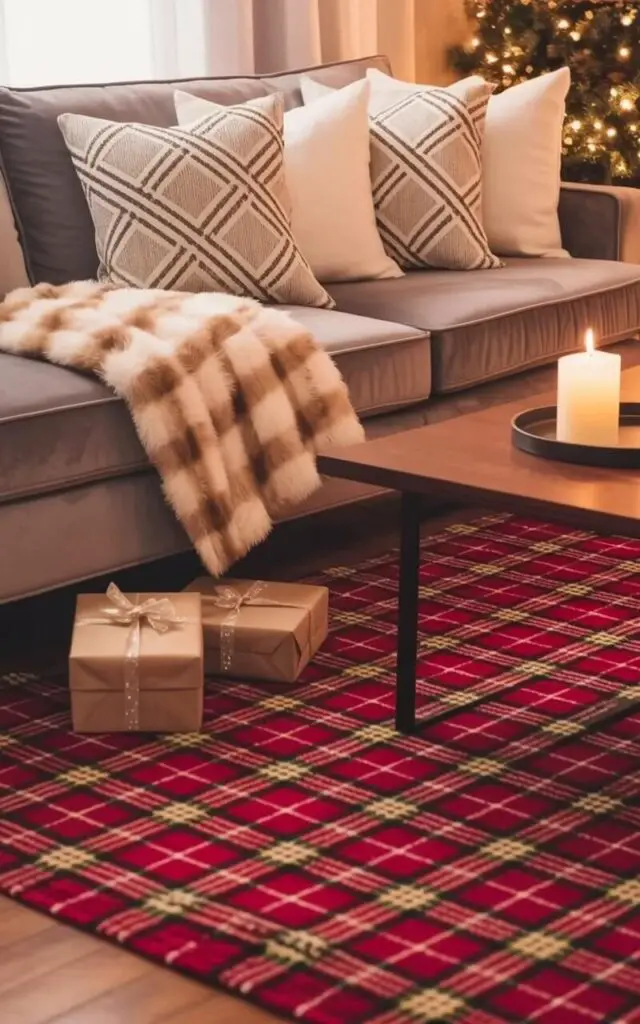 A plush, gray sofa with three square pillows covered in a geometric pattern of cream and charcoal sits centered in the room. A folded cream-colored fur blanket lies casually draped over the back of the sofa, and three wrapped presents with gold ribbon are arranged on the floor in front of it. A rectangular rug displaying a bold tartan pattern of deep red and gold covers most of the hardwood floor, extending beneath the sofa and partially beneath a dark wood coffee table holding a single white pillar candle. Neutral-toned walls and a large window with sheer white curtains complete the serene living room setting.