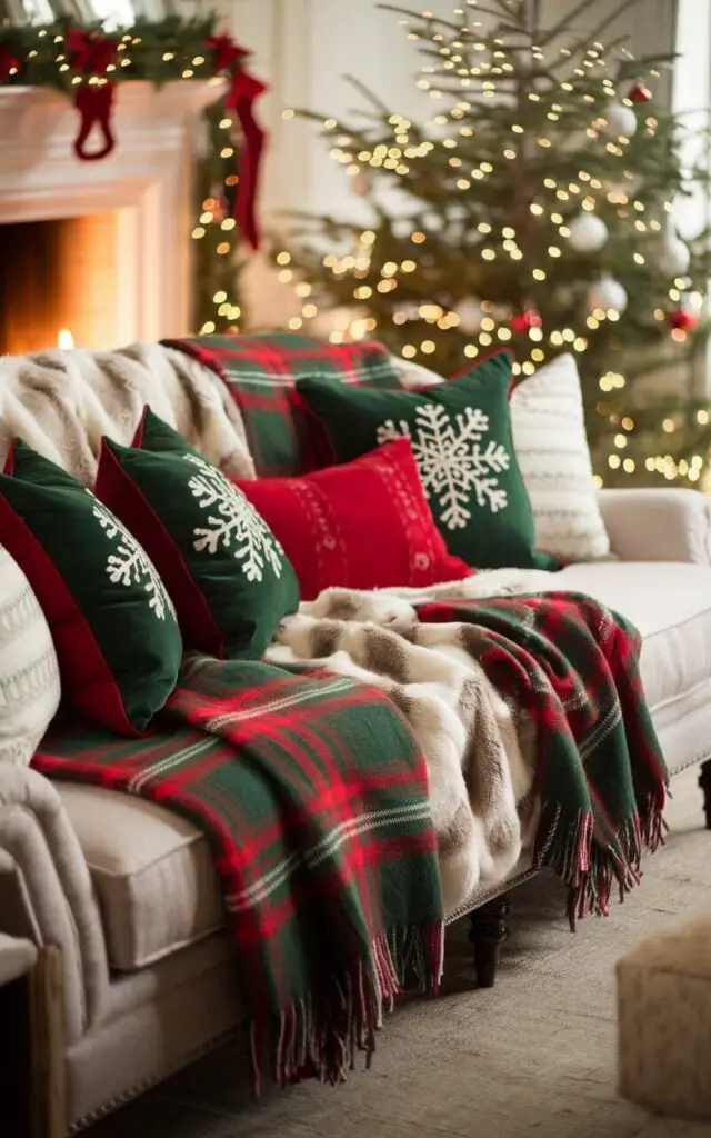 A Christmas living room with a cozy sofa layered with festive throw blankets in rich red, green, and ivory hues. Snowflake-patterned pillows and a faux fur blanket complete the warm setup. The backdrop features a decorated tree and a glowing fireplace, making the space feel irresistibly inviting.