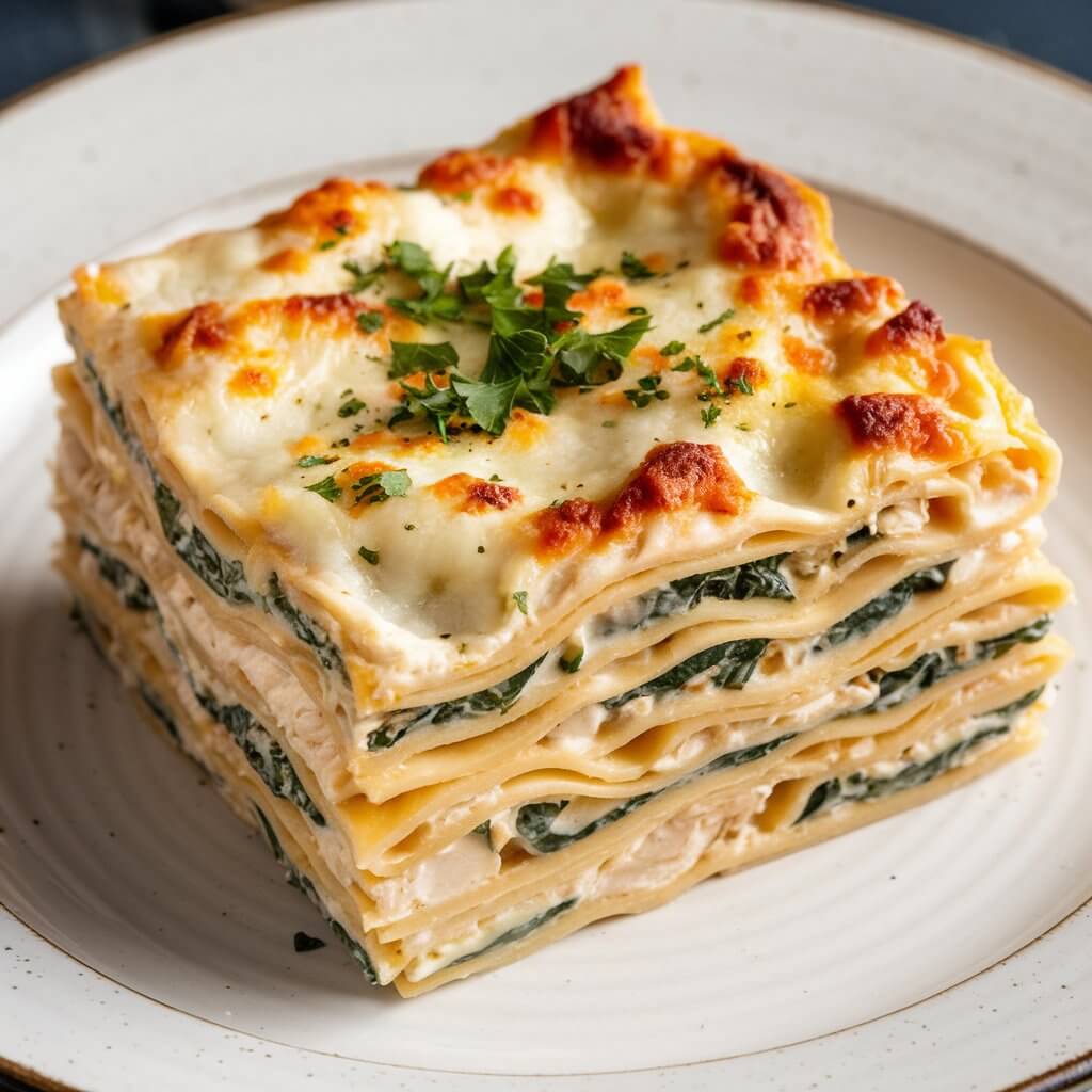 A photo of a single slice of chicken alfredo lasagna on a white ceramic plate. The lasagna has distinct layers of pasta sheets, creamy alfredo sauce, shredded chicken, and a mixture of chopped spinach or herbs, giving it a hint of green color throughout. The top layer is golden-brown with melted cheese that is slightly bubbly and has caramelized spots, indicating it was broiled or baked to perfection. Freshly chopped parsley is sprinkled on top for garnish, adding a touch of vibrant green. The lasagna is thick, showing well-defined layers of creamy filling and pasta. The white plate contrasts with the golden and creamy colors of the lasagna, making it stand out beautifully against the darker surface underneath.