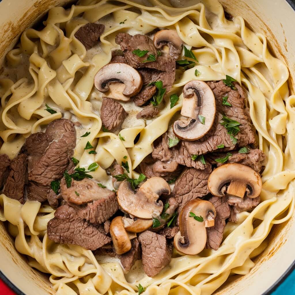 A close-up of a well-mixed creamy beef stroganoff dish in a large enameled cast iron pot. The dish features long, wide egg noodles thoroughly coated in a rich, creamy beige sauce. Scattered throughout are tender chunks of browned beef and slices of sautéed mushrooms, which appear soft and cooked through. The beef and mushrooms are well mixed with the pasta and filled with a lot of cream. Small bits of chopped green parsley garnish the dish, adding a fresh contrast to the creamy tones. The sauce clings to the noodles, beef, and mushrooms, giving the entire dish a luscious, smooth texture.