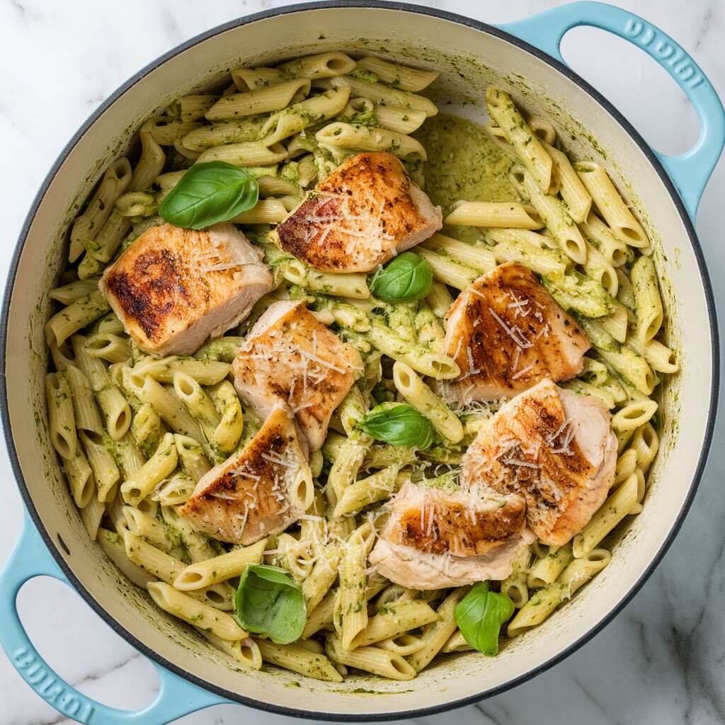 A photo of a large enameled cast iron pot filled with a pesto chicken pasta dish. The pasta is penne, cooked to an al dente texture and coated in a thick green pesto sauce. Chunks of seared chicken breast are mixed throughout the pasta. The dish is garnished with grated Parmesan cheese, red pepper flakes, and fresh basil leaves. The pot sits on a white marble surface.