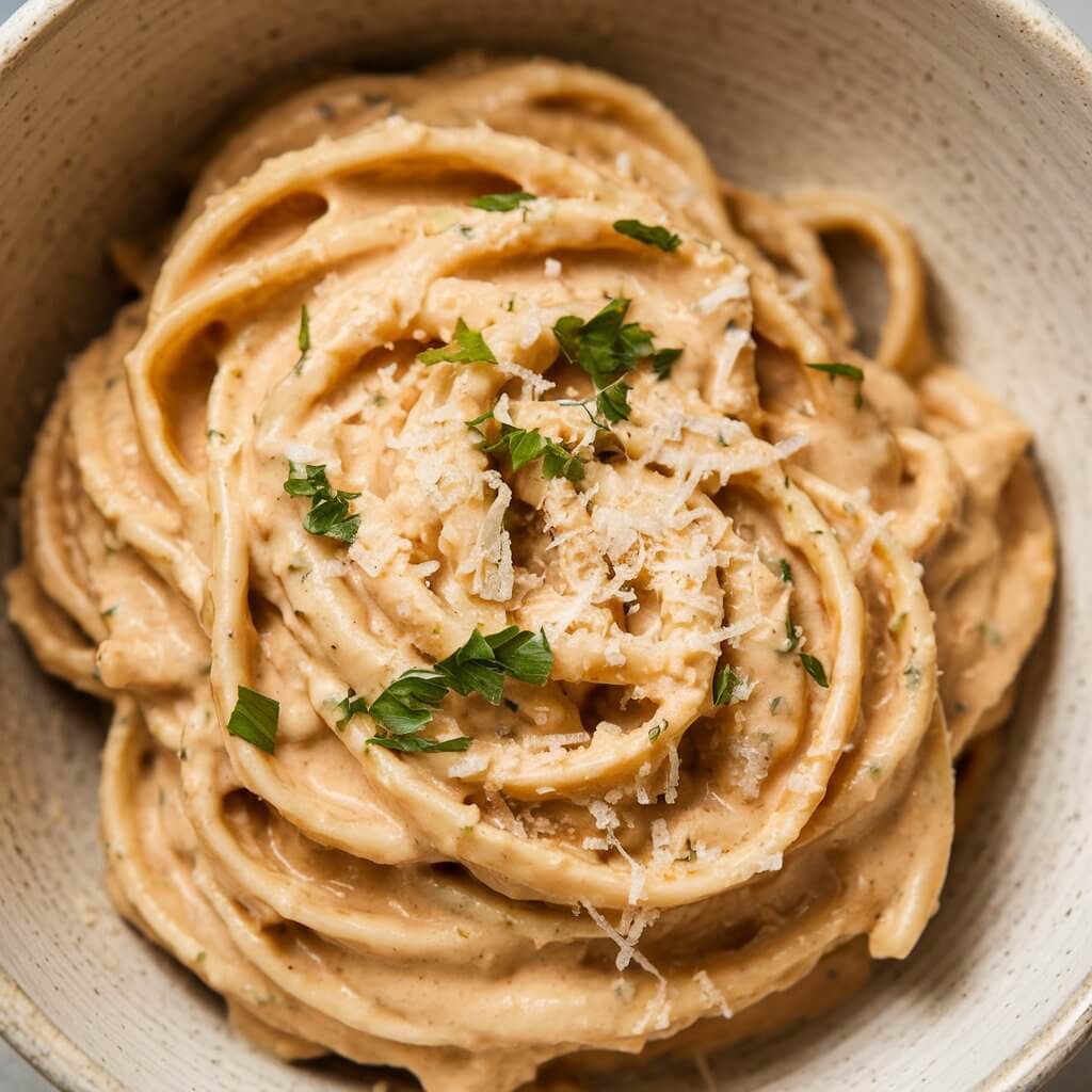 A photo of a close-up shot of creamy pasta with garlic and Parmesan. The pasta is served in a neutral-colored ceramic bowl. The pasta is bathed in a rich, smooth sauce that's visibly flecked with tiny pieces of garlic, adding texture and flavor. The creamy sauce clings to each noodle, with a generous sprinkle of grated Parmesan on top, creating a rustic, comforting look. Finely chopped parsley adds a pop of green, enhancing the creamy pasta's appeal and making it look irresistibly inviting.