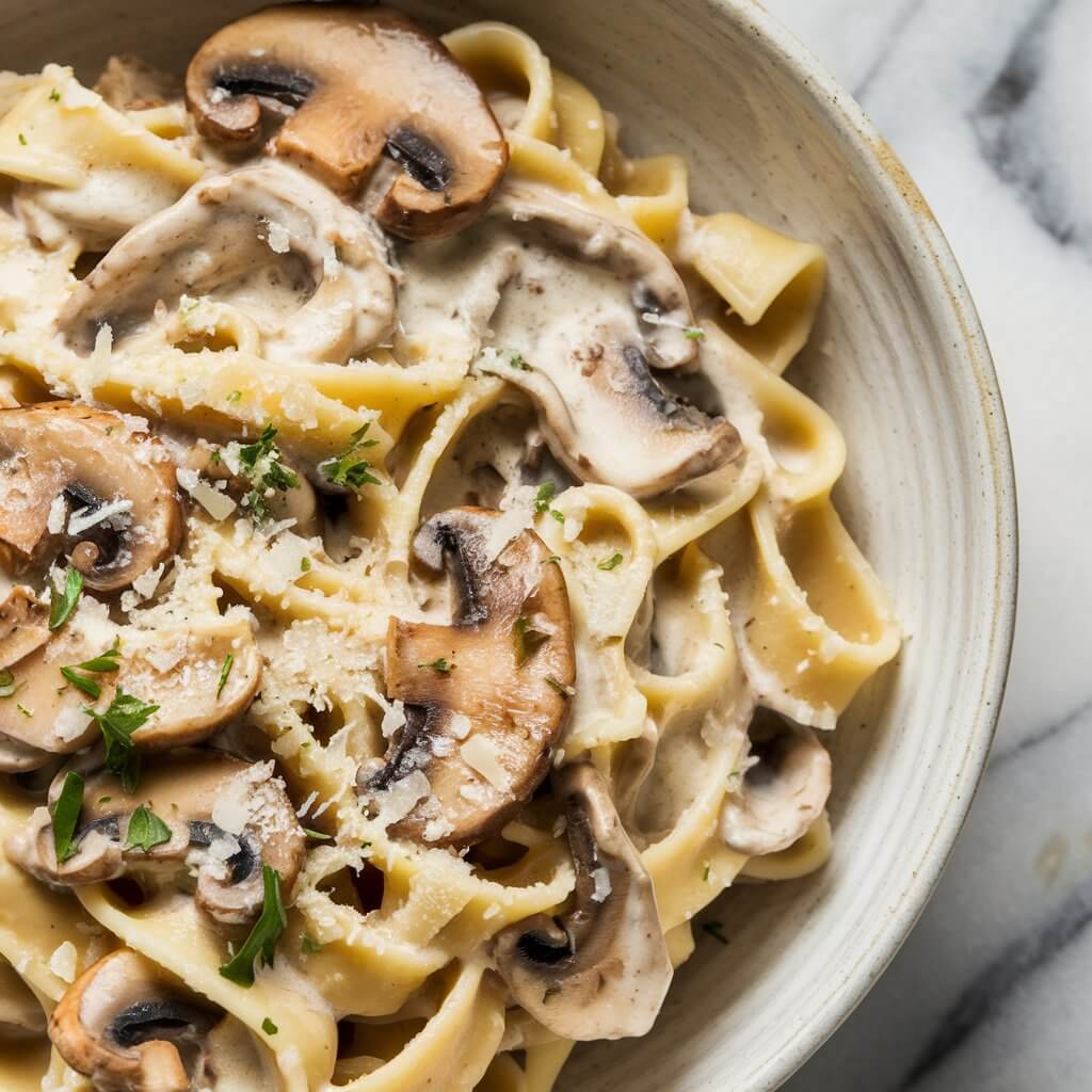 A close-up photo of a bowl filled with creamy mushroom pasta on a marble surface. The pasta, likely linguine or fettuccine, is generously coated in a rich, creamy white sauce that clings to each strand. Mixed throughout are sliced, sautéed mushrooms with a golden-brown edge, adding texture and earthy tones to the dish. The creamy sauce appears smooth and slightly glossy, indicating its richness. Grated Parmesan cheese is sprinkled across the top, melting slightly into the sauce and creating a soft, powdery layer that contrasts with the darker color of the mushrooms. Small flecks of finely chopped fresh parsley are scattered over the dish, adding a touch of green for a fresh garnish. The bowl itself is a simple, rustic stoneware piece with a light, neutral glaze that complements the warm, creamy tones of the pasta. The image captures the texture and detail of each ingredient, making the dish