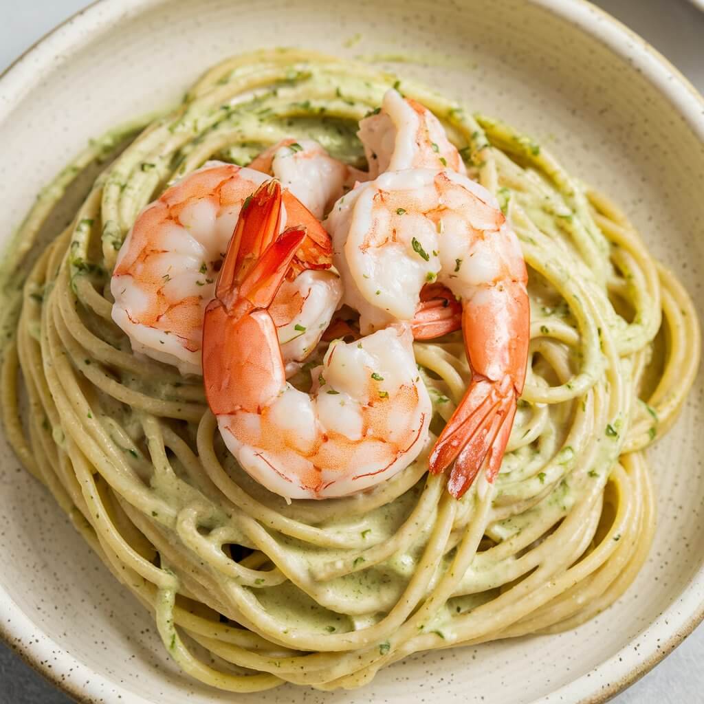 A photo of a close-up shot of a creamy pasta dish served on a round white ceramic plate. The dish features long, slender spaghetti noodles coated in a light green, creamy sauce, which appears to be a blend of pesto and cream, giving it a rich, velvety texture with flecks of green herbs throughout. Resting on top of the pasta are several large, pink shrimp with visible tails and a slight curl to their bodies, indicating they were cooked until tender. The shrimp are generously coated in the same creamy pesto sauce, making them glisten under the light. The sauce is thick and clings to both the shrimp and the pasta, showing small specks of green herbs, likely basil or parsley, within the cream. The pink color of the shrimp contrasts with the light green sauce and yellowish pasta, creating a visually appealing color palette. The plate is placed on a bright white table.