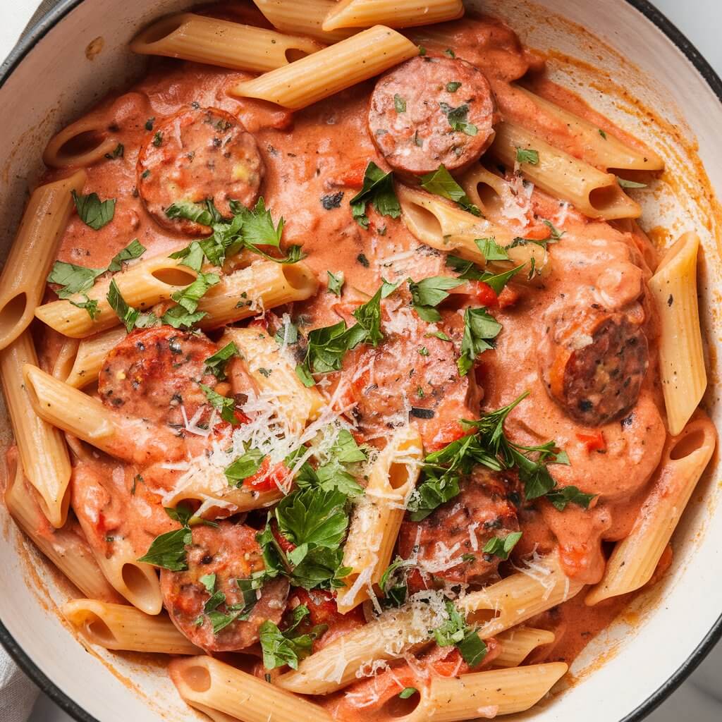 A photo of a creamy sausage tomato pasta dish served in a large ceramic bowl. The pasta, penne, is covered in a thick, pinkish-orange sauce made from tomatoes and cream. Mixed into the pasta are chunks of browned sausage, providing a slightly chunky texture and a savory contrast to the smooth sauce. The dish is garnished with fresh chopped green parsley leaves, adding a bright pop of color, and sprinkled with finely grated Parmesan cheese, which has melted slightly into the warm pasta.