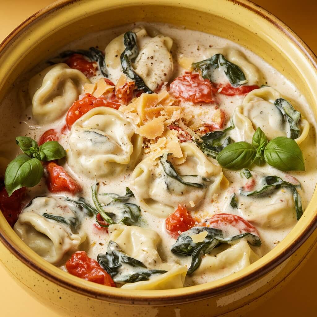 A photo of a large ceramic bowl filled with creamy spinach tortellini in a rich sauce. The tortellini are plump and appear to be stuffed, with a creamy sauce coating each piece. The sauce is creamy white with flecks of black pepper and is mixed with cooked chunks of red tomatoes and wilted green spinach, creating a colorful contrast against the pasta. Some grated Parmesan pieces are scattered on top, adding texture and a light color to the dish. Fresh basil leaves are placed around as a garnish, adding a bright green color and fresh look. The bowl itself is a warm, earthy yellow color with a slightly darker brown rim, enhancing the vibrant colors of the food. The lighting is soft, giving the dish a warm and inviting appearance.