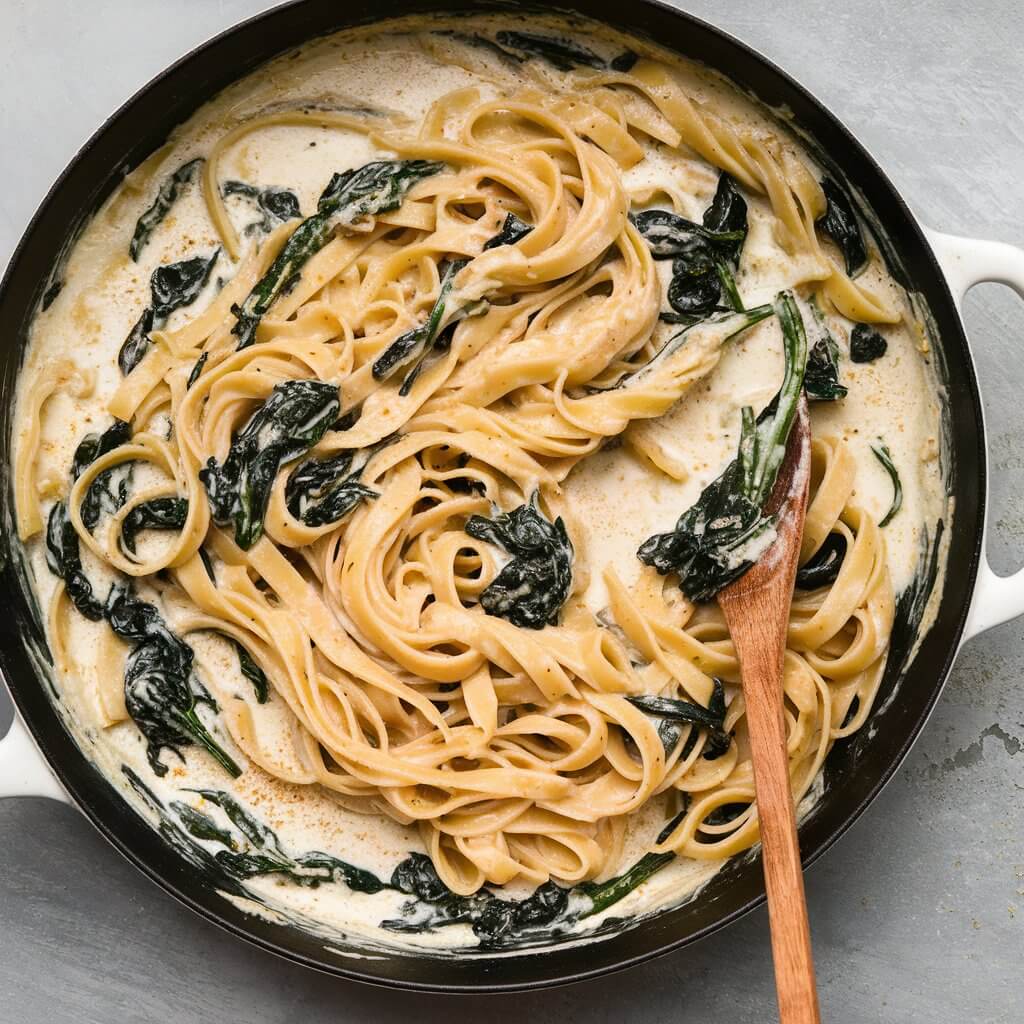 A well-designed skillet filled with a creamy spinach and ricotta pasta dish. The pasta, which appears to be fettuccine or linguine, has long, flat strands that are thoroughly coated in a smooth, white ricotta-based sauce. The sauce has a creamy texture and is speckled with dark green spinach, which is finely chopped and evenly distributed throughout, adding a burst of color against the light sauce. The pasta is slightly tangled, creating an inviting, rustic appearance. The dish is well mixed everywhere. A wooden spoon rests in the skillet on the right side, coated with remnants of sauce and spinach, as if recently used to stir or serve the dish. The background is a smooth, neutral gray surface, which contrasts with the bright pasta and sauce, making the dish visually pop. The image has a cozy, casual aesthetic, emphasizing the simplicity and ease of making this spinach and ricotta pasta.