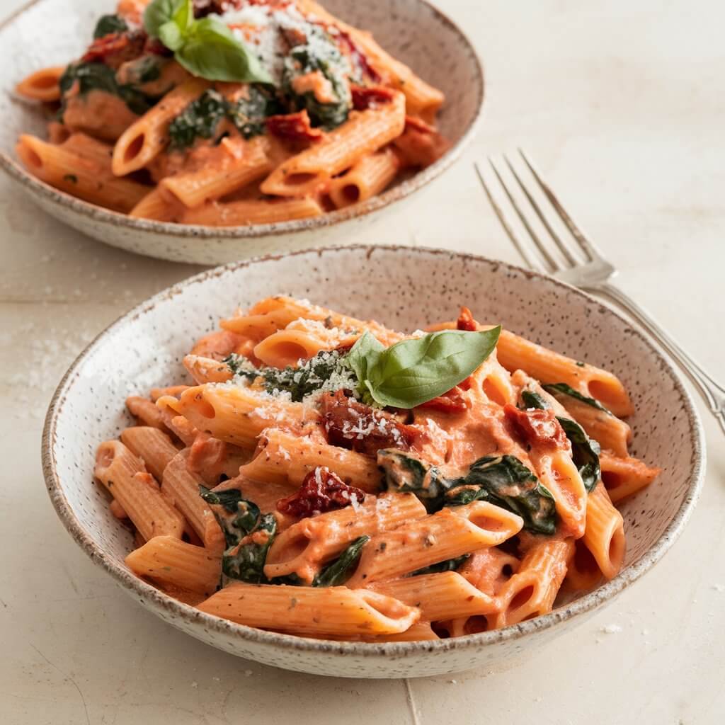 A photo of two servings of creamy sun-dried tomato pasta in rustic, white ceramic bowls. Each bowl contains penne pasta coated in a rich, orange-red tomato cream sauce. The sauce is smooth but contains pieces of wilted spinach and bits of sun-dried tomatoes. Both servings are topped with a light sprinkle of fresh basil and grated Parmesan cheese. A silver fork rests on the right side of the front bowl. The background is clean and light, emphasizing the warm colors of the pasta and enhancing the overall presentation.