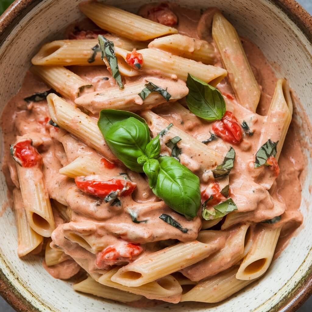 A photo of a rustic ceramic bowl containing creamy tomato basil pasta. The pasta, likely penne, is covered in a blush-colored sauce with small bits of tomato and basil throughout. Fresh basil leaves are sprinkled on top for a vibrant pop of green. The creamy sauce looks thick and smooth, coating each pasta piece. The contrast between the creamy pasta and fresh basil makes the dish visually stunning and aromatic.