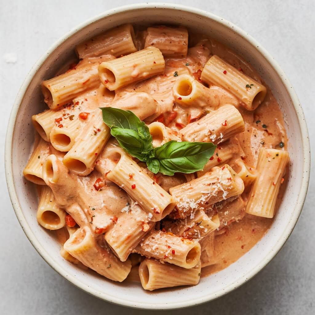 A photo of a deep, white ceramic bowl filled with creamy vodka sauce pasta. The sauce is a warm, blush-brown color, achieved from the mix of tomatoes and cream. Rigatoni noodles are generously coated, with each piece enveloped in the smooth, creamy sauce. Tiny flecks of crushed red pepper and garlic are visible throughout, adding texture and warmth to the creamy pasta. Fresh basil leaves are placed on top, adding a hint of green contrast, and a light sprinkling of Parmesan cheese completes the dish’s rustic charm.