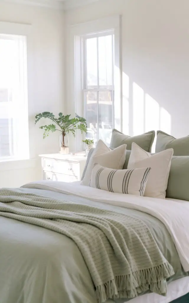 A photo of a bright and airy sage green bedroom with crisp white walls. The room has a cozy bed at the center, layered with a mix of white and sage green pillows and blankets. There is a white dresser to the side, holding a small potted plant, adding a touch of greenery. The room is filled with natural light, creating a serene, relaxing environment that feels fresh and open.