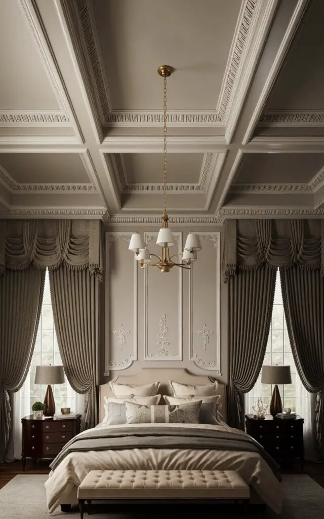 A traditional bedroom with a high ceiling and crown molding. The molding is painted white and contrasts with the muted wall color. The room contains a cozy bed with neutral bedding, decorative molding on the headboard wall, dark wood nightstands, and a brass chandelier. Thick, plush curtains frame the windows. The overall atmosphere is warm and elegant.