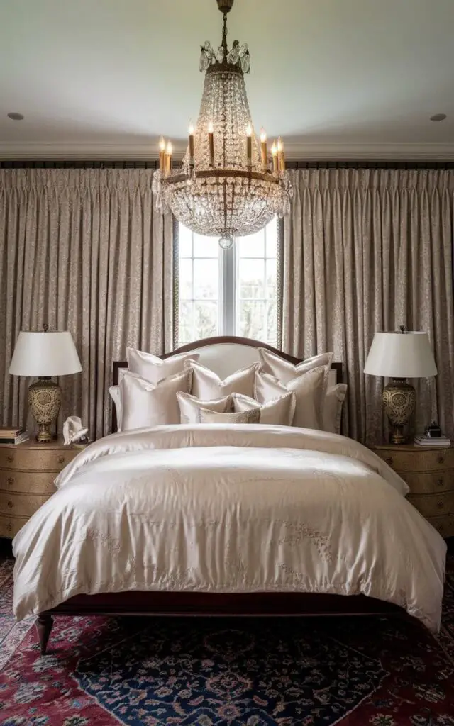 A photo of a traditional bedroom with a crystal chandelier hanging above a cozy bed with rich, white comfy bedding. The bed is framed with dark wood, adding elegance. The crystal chandelier reflects light across the room, creating a soft, glamorous glow. Velvet curtains in a soft beige frame the window, while a Persian rug underfoot adds warmth and sophistication. Ornate brass lamps on the nightstands complete the luxurious, timeless look.