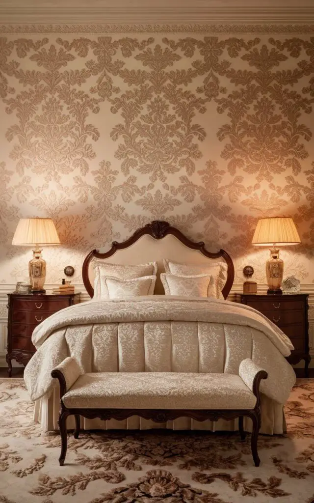 A photo of a traditional bedroom with elegant damask wallpaper in soft ivory and gold. There is a cozy bed with ivory bedding in front of the wallpaper. Dark wood nightstands with lamps are placed on each side of the bed. The lamps cast a warm glow across the room, highlighting the wallpaper's intricate details. The bed has a classic, carved wooden headboard. A plush rug in coordinating colors is placed on the floor, adding comfort and style to the room.