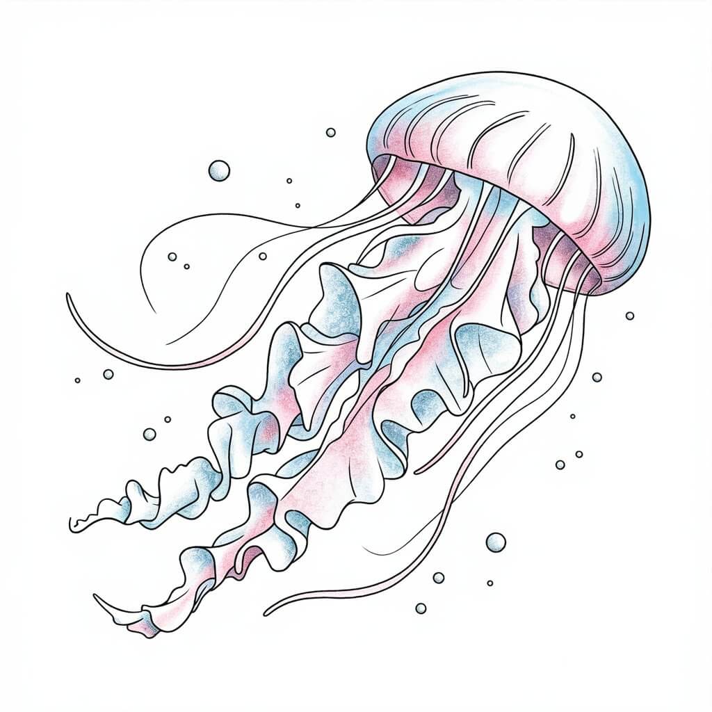 A pencil drawing of a jellyfish with flowing tentacles in mid-motion, as if it's gracefully dancing underwater. The tentacles are long and wavy, and the bell is semi-transparent with a soft gradient of pastel pink and blue. Small bubbles are scattered around the jellyfish, enhancing the sense of movement.