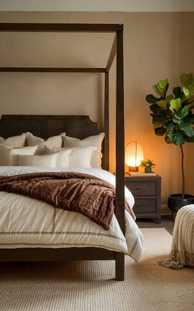 A photo of an earthy bedroom with a cozy bed. The bed has a dark brown wooden frame and is covered with white and cream bedding. A luxurious walnut-colored throw blanket is placed on the bed. The room features a dark wooden headboard and matching furniture, adding sophistication. A beige rug and a warm, glowing table lamp are placed on the floor. A potted fiddle-leaf fig tree is placed in the corner, adding a natural pop of green.