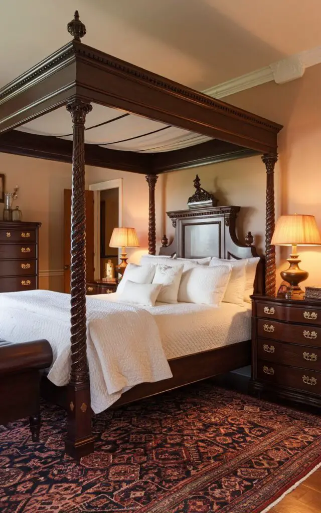 A traditional bedroom with rich, dark wood furniture. A cozy bed with plush white bedding and a dark wooden four-poster bed frame is the centerpiece. The bed has intricate carvings and a polished finish, adding elegance. A matching dark wood dresser and nightstand with brass handles sit on either side of the room. Vintage table lamps on each nightstand cast a warm glow, enhancing the traditional ambiance. A Persian rug under the bed in deep red and navy hues complements the wooden tones, completing the classic and inviting look.