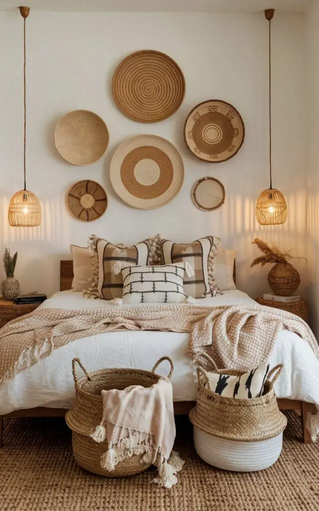 In this boho bedroom, a very cozy bed is surrounded by decorative baskets in various sizes and shapes, adding both functionality and bohemian flair. The bed is layered with textured blankets and patterned throw pillows, creating an inviting and comfortable space. Baskets are used creatively as storage and as wall decor, enhancing the room’s natural, earthy feel. A woven jute rug anchors the space, while soft lighting from pendant lamps casts a warm glow, highlighting the baskets’ textures and adding to the relaxed, eclectic ambiance.