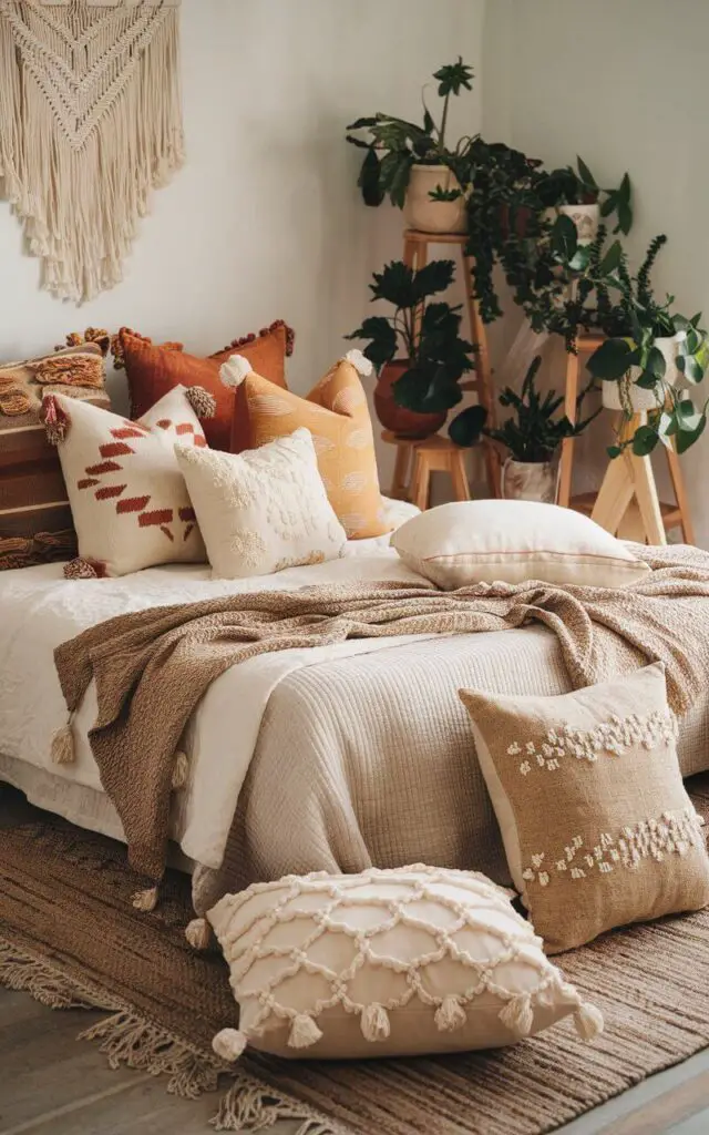 A boho bedroom with a cozy bed adorned with an array of decorative pillows in different shapes, sizes, and fabrics. The bed is grounded by a textured rug and surrounded by earthy-toned furniture. Each pillow has a unique design, from geometric patterns to embroidered florals, bringing an eclectic and artistic feel. A nearby plant stand with lush greenery adds life to the room, while natural wood elements and a macramé wall hanging bring warmth, making the room feel both stylish and inviting.