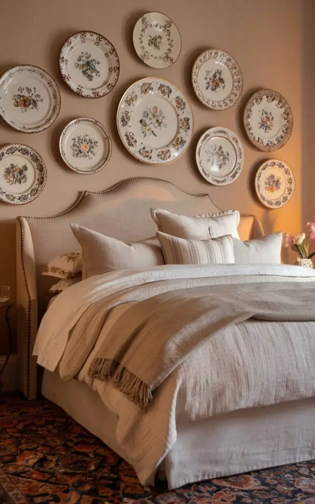 A photo of a traditional bedroom with a unique arrangement of vintage-style wall plates above a cozy bed. The plates feature delicate floral designs and muted colors, adding charm and personality to the space. The bed is layered with cozy, white bedding and has a soft, upholstered headboard in a light, neutral tone. The room's warm lighting highlights the plates, while a Persian rug adds further richness to this classic, curated space.