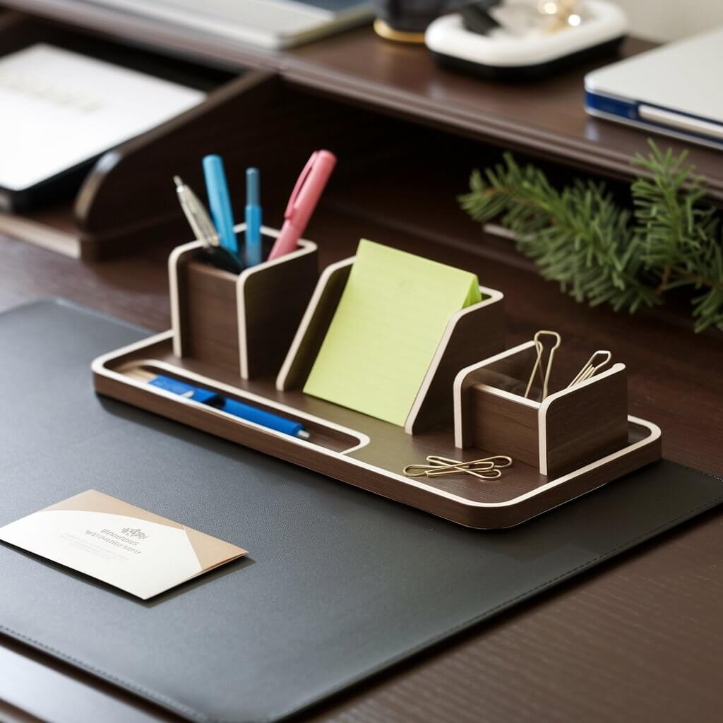 A photo of a sleek, modern desk organizer gift set with a neatly arranged office supply. The set includes a pen holder, sticky note tray, and paperclip container, all made of wood. The organizer pieces sit on a dark brown wooden desk, which is clutter-free. Various colorful office supplies are neatly stored on the desk. A holiday card and a small evergreen sprig are added for a seasonal touch. The background includes softly blurred office elements, creating a professional and stylish ambiance.