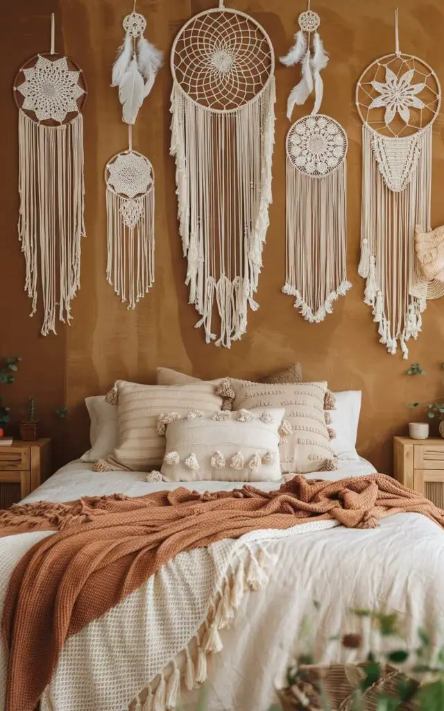 A serene boho bedroom with a cozy bed draped with a variety of soft, earthy blankets and pillows. Above the bed hangs a collection of delicate dreamcatchers, each with unique beaded and feathered designs that add a mystical and calming element to the room. The walls are painted in warm, neutral tones that contrast with the dreamcatchers’ light textures, creating a balanced atmosphere. Natural wood nightstands frame the bed, while small plants add greenery to the space, enhancing the boho aesthetic and creating a room that feels both peaceful and inspiring.