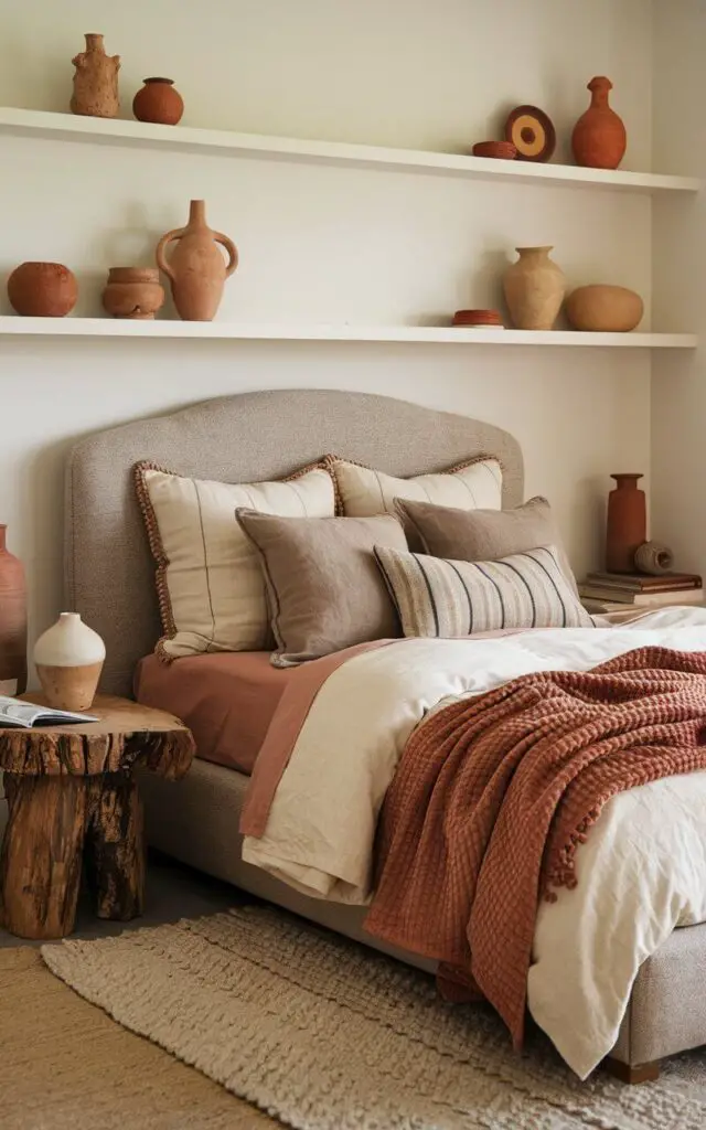 A cozy bedroom with a upholstered bed, decorated with artisanal earthenware. The bed is dressed in layered cream and taupe bedding, with a textured terracotta blanket at the foot. There are ceramic vases, clay pots, and a small earthenware bowl on a reclaimed wood side table near the bed. Above the bed, shelves display more pottery in muted earthy tones like rust, beige, and brown. The handmade quality of the earthenware complements the natural textures, creating a space that feels inviting and grounded.