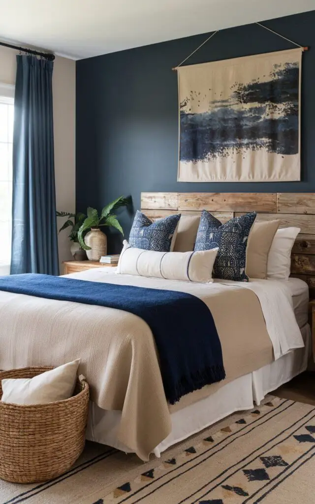 An earthy bedroom with deep blue accents features a very cozy bed against a muted indigo accent wall. The bed, dressed in beige and white, has a deep blue throw blanket and blue-patterned pillows that add a rich contrast. A reclaimed wood headboard provides rustic charm, while woven baskets at the bedside enhance the natural vibe. Above the bed, a nature-inspired wall hanging with hints of blue and brown ties the room together, creating a grounded and refreshing aesthetic.