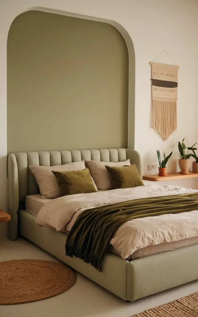 A serene earthy green tones bedroom with a cozy upholstered bed centered against a sage green accent wall. The bed is dressed in soft, neutral bedding with olive green throw pillows and a dark green velvet blanket. The room features warm wooden furniture, including a low wood nightstand and a minimalist shelf displaying a few potted plants. A woven wall hanging in natural tones above the bed complements the green shades, enhancing the calming, nature-inspired ambiance of this cozy space.