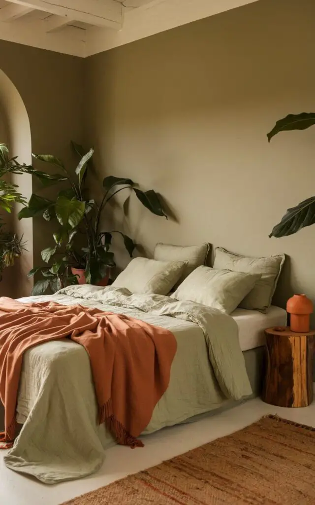 A serene earthy-toned sage green bedroom with a cozy bed layered with beige and sage green linens. The walls are a calming shade of beige, complementing the green and earthy decor. A terracotta throw adds warmth, while a wooden side table with a small ceramic lamp adds a rustic charm. Large plants in the corners enhance the room's nature-inspired atmosphere, making the bedroom feel like a retreat.