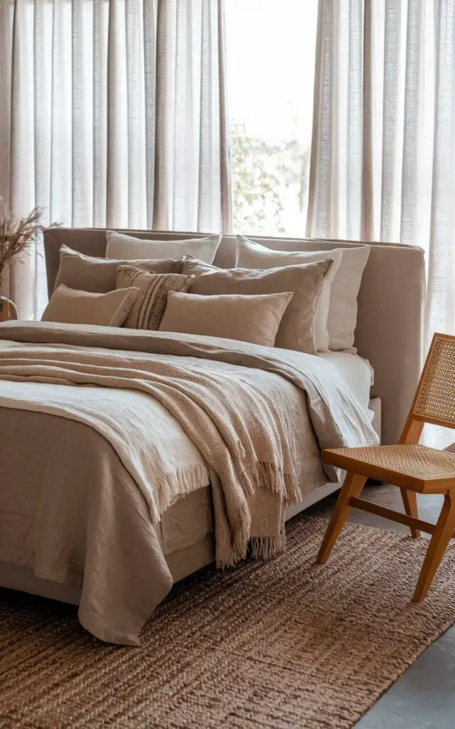 A photo of a highly textured earthy bedroom with a cozy upholstered bed layered with linen, cotton, and wool blankets in soothing tones of taupe, sand, and cream. Each layer of bedding adds warmth and depth, with throw pillows in soft, neutral hues. The bed rests on a woven jute rug, adding to the earthy feel, while a wood and rattan accent chair nearby provides a natural contrast. Soft natural light filters through sheer linen curtains, illuminating the textures and creating a calm, inviting atmosphere in this organic-inspired space.