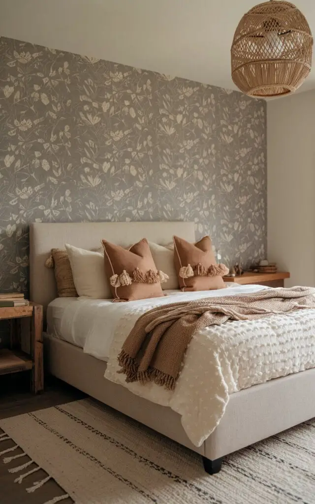 A cozy bedroom with a botanical wallpaper in subtle taupe and green tones. The room features a very cozy upholstered bed dressed in textured white linens with earth-toned throw pillows. A reclaimed wood nightstand adds a rustic touch. A woven pendant light above the bed adds warmth. A neutral rug underfoot complements the natural palette, enhancing the cozy, grounded feel of the room.