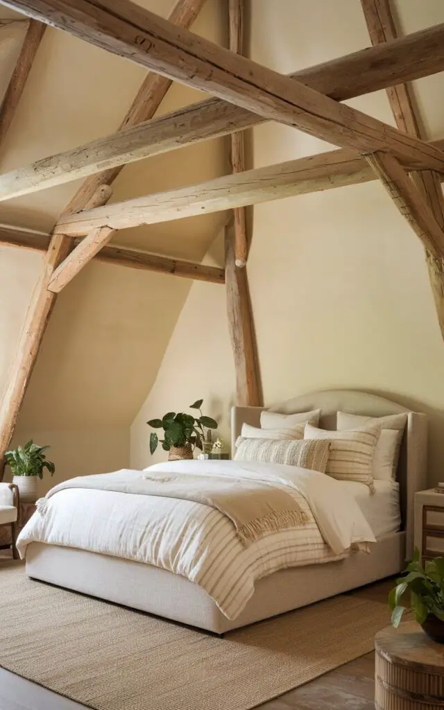 A photo of an earthy bedroom with exposed wooden beams. There is a cozy upholstered bed with a white and beige duvet and pillow shams. The bed is placed on a beige rug. The walls are creamy. There are textured throw pillows on the bed. The beams above the bed add architectural interest. The natural wood tones of the beams contrast softly with the creamy walls. Simple furniture, such as a nightstand and a chair, is placed near the bed. A few potted plants are placed on the nightstand and the floor. The room has a grounded feel and is connected to nature.