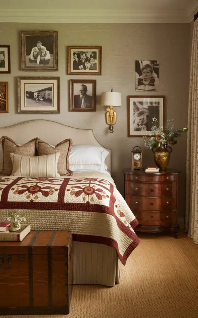 A warm and inviting traditional bedroom filled with personal touches and family heirlooms, making it feel both historic and homey. The very cozy bed, set against an elegant, neutral wall, is adorned with an heirloom quilt featuring intricate patterns in earthy tones, adding warmth and nostalgia. Vintage family photos in antique frames decorate a gallery wall above the bed, while a handcrafted wooden chest sits at its foot. Next to the bed, an elegant nightstand holds a brass clock and a cherished heirloom vase with fresh wildflowers. Each element here tells a story, creating a meaningful, traditional bedroom.