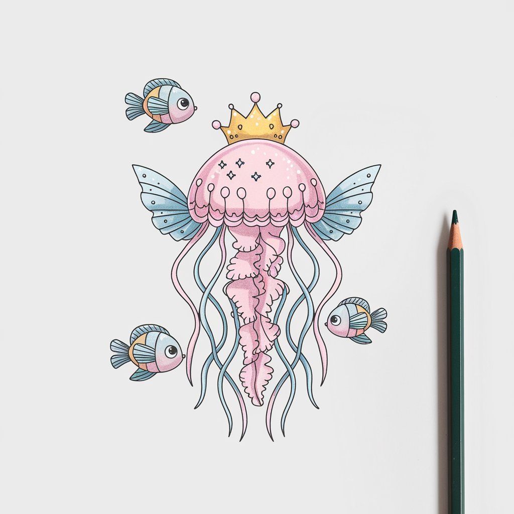 A minimalist pencil sketch illustration on a plain white background, featuring a fantasy jellyfish surrounded by other fantastical sea creatures. The jellyfish is adorned with glittering tentacles, a golden crown, and delicate, sparkling wings. Its pastel pink and blue hues are accented with small, star-like details that enhance its magical charm. The surrounding sea fish creatures, each with whimsical and otherworldly designs, complement the jellyfish and add to the enchanting underwater scene. Drawn in a simplistic style, the composition emphasizes a soft, whimsical atmosphere, making it approachable and perfect for beginners.