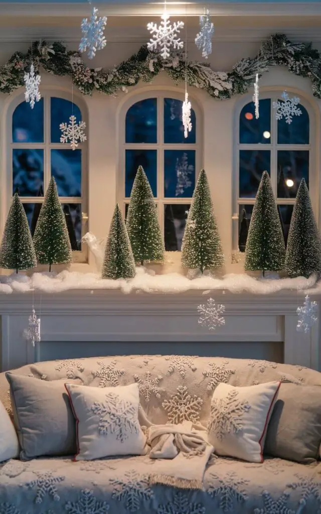 A photo of a whimsical Christmas living room with a faux snow-covered mantel and windowsills, creating a serene winter scene. A cozy sofa is covered with a snowflake-patterned throw and soft pillows, inviting relaxation. Delicate snowflakes hang from the ceiling, and miniature snow-covered trees add to the enchanting atmosphere. Warm lighting highlights the snowy details, making the room feel like a magical winter wonderland.