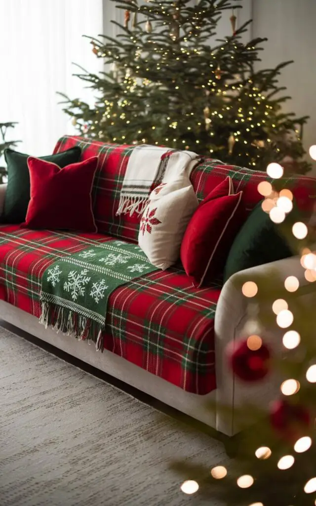 A Christmas living room shot from a low angle, focusing on a cozy sofa. The sofa is transformed with a festive slipcover in rich red and green hues. The slipcover features elegant patterns like plaid and snowflakes, complemented by coordinating throw pillows and a soft blanket. Surrounding the sofa are seasonal decorations, including a decorated Christmas tree and sparkling lights, creating a cohesive and joyful holiday setting that invites relaxation and celebration.