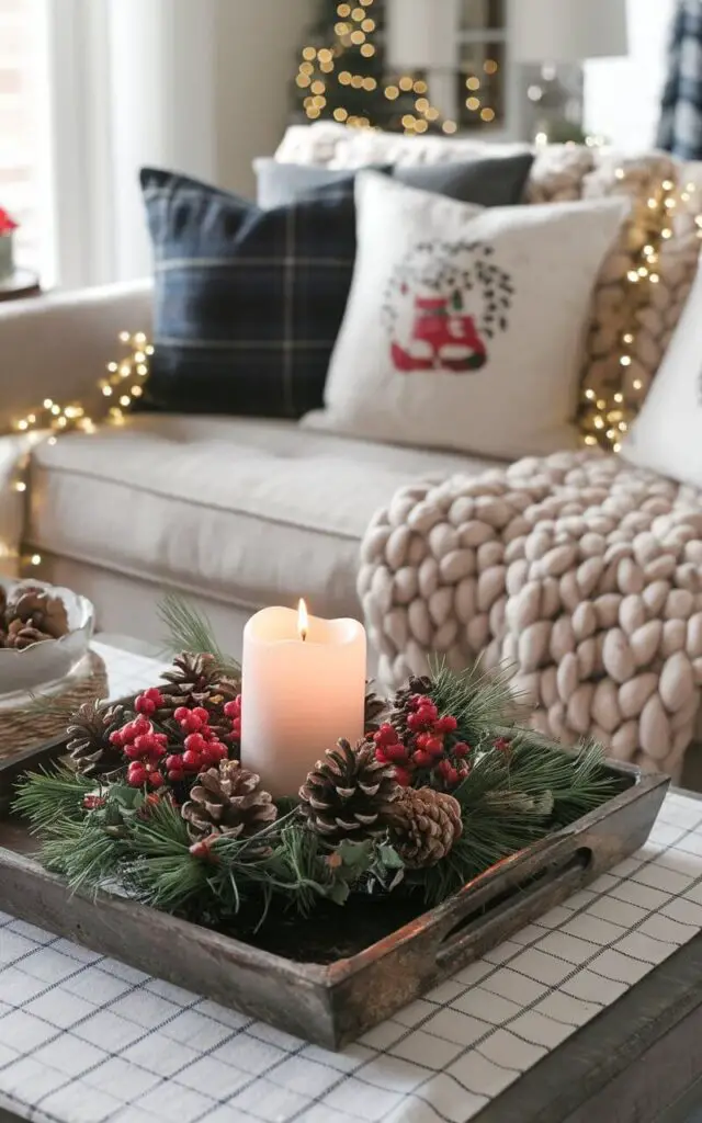 A photo of a well-decorated Christmas living room. The focal point is a rustic tray on a coffee table, holding a candle centerpiece surrounded by evergreen sprigs, pinecones, and red berries. The tray is placed on a checkered cloth. In the background, there's a cozy sofa adorned with festive pillows and a chunky knit throw. Twinkling fairy lights are wrapped around the sofa and the room has a warm, inviting ambiance.