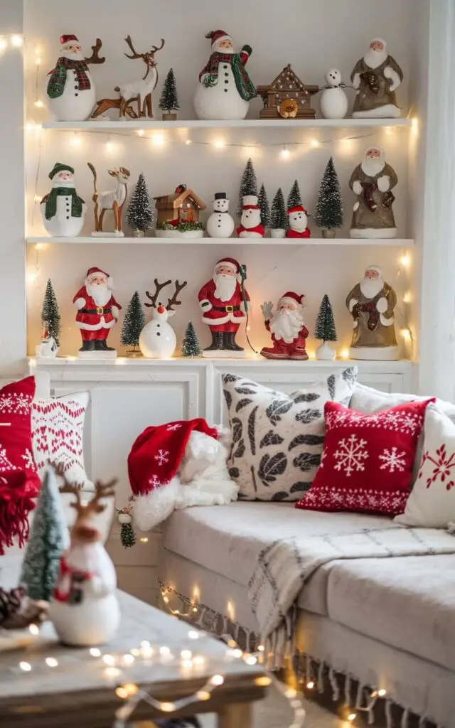 A cozy Christmas living room with a collection of holiday figurines. Santa, snowmen, and reindeer are arranged on a bookshelf and a coffee table. There is a very cozy sofa nearby, complimented by holiday-patterned throws and pillows. Soft lighting from fairy lights enhances the whimsical charm of the figurines and the room.