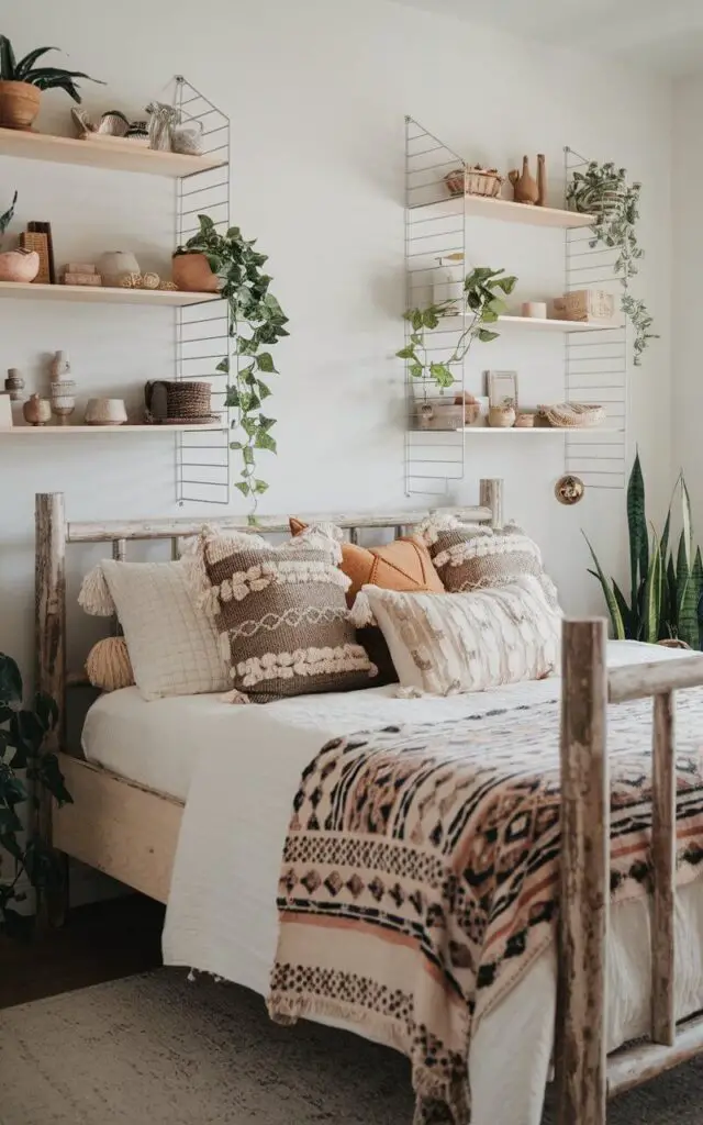 A cozy boho bedroom with a rustic wooden bed as the focal point. The bed is layered with patterned textiles and plush pillows. Above the bed, there are floating shelves displaying an eclectic mix of small plants, handmade ceramics, and bohemian trinkets. The room has a clean, airy aesthetic with a soft ambient lighting.