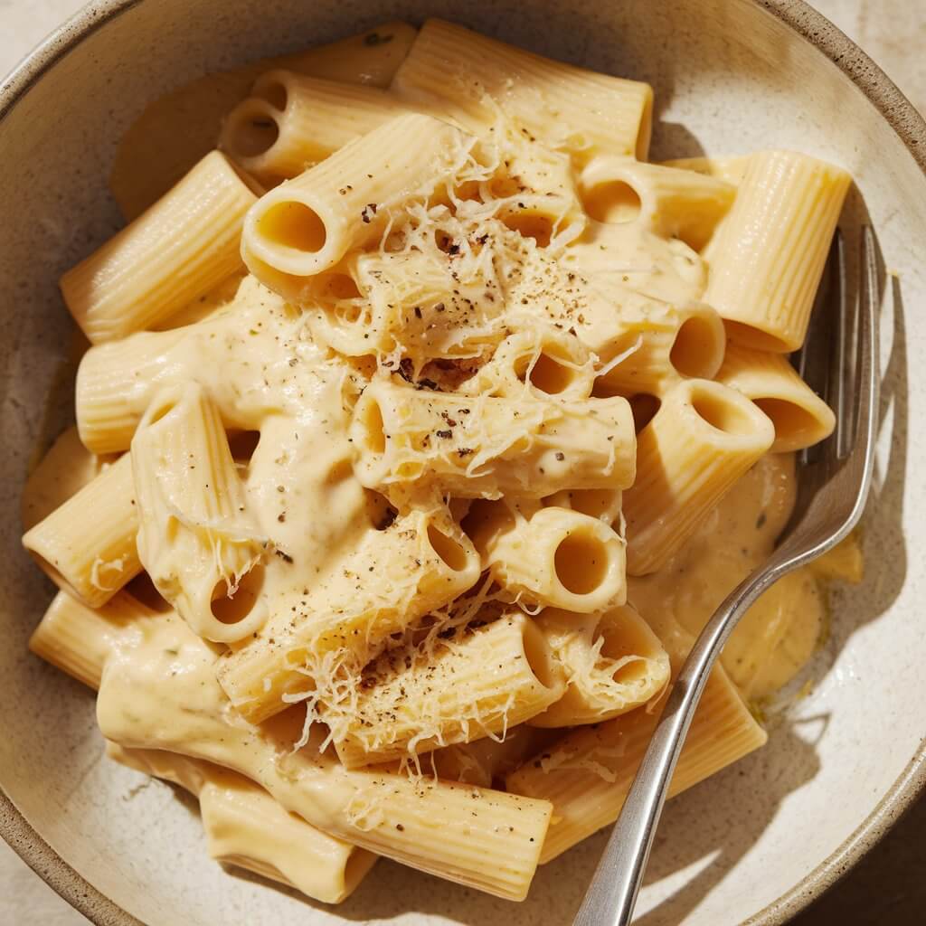 A photo of a creamy four-cheese pasta dish in a large, shallow ceramic beige bowl. The pasta, rigatoni, is coated in a smooth, pale yellow sauce made from melted cheeses. The sauce is creamy, with some melted cheese bits clinging to the pasta, giving it a rich, indulgent texture. The dish is sprinkled with freshly grated Parmesan cheese and black pepper. A silver fork is placed on the right side of the bowl, partially inserted into the pasta. The lighting is soft, casting gentle shadows and highlighting the creamy, luxurious quality of the cheese sauce. The overall presentation is simple and classic, focusing on the rich texture and comforting appeal of the four-cheese pasta.