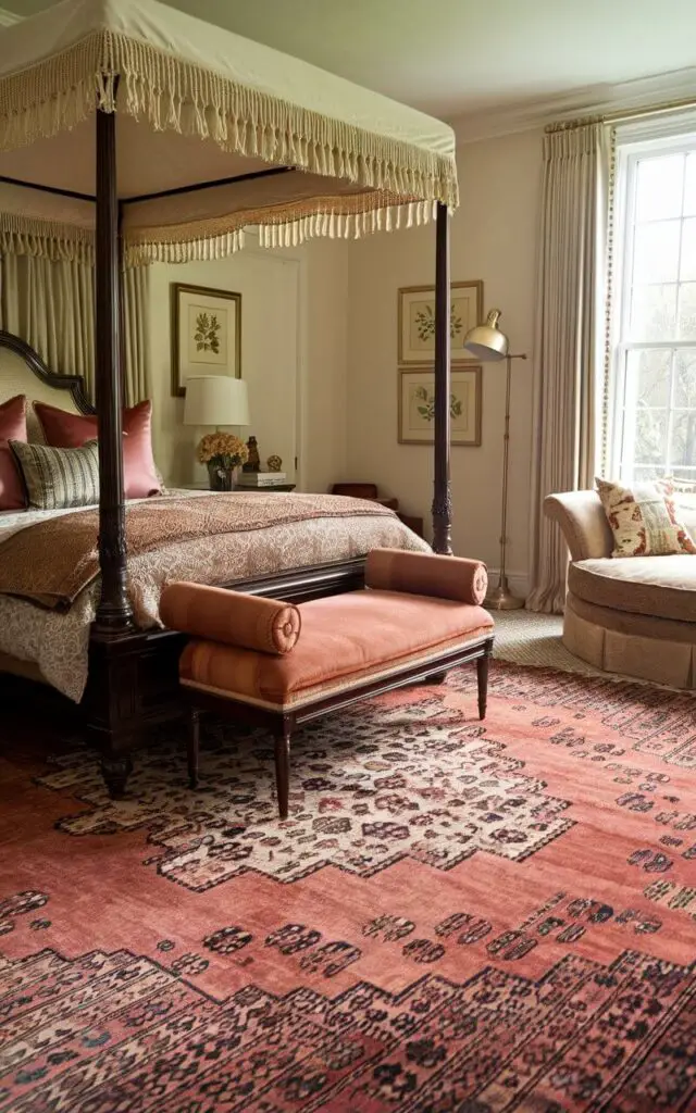 A traditional bedroom with a cozy bed centered on an intricately patterned Persian rug with delicate fringed edges, adding both texture and warmth to the space. The bed has a dark wood frame and is dressed with sumptuous bedding in muted jewel tones. The room also has an elegant chaise lounge near the foot of the bed, enhancing the classic, layered look. A tall, brass floor lamp by the window illuminates the space softly, while framed botanical prints hang above the bed. The fringed rug brings in a vintage charm, blending harmoniously with the other traditional bedroom elements.