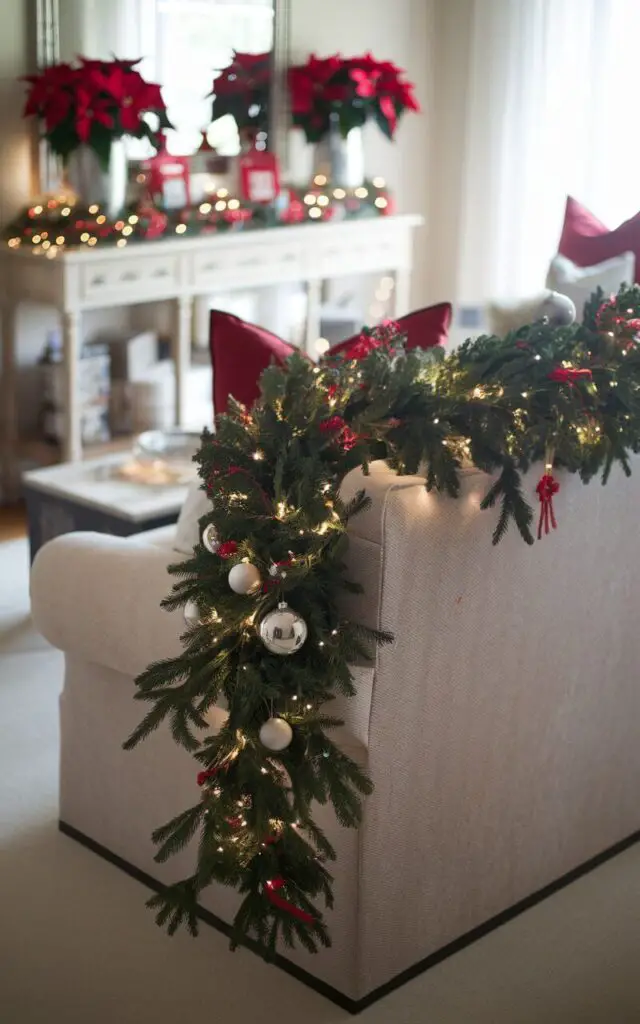 A Christmas living room with a draped evergreen garland over the back of a cozy beige sofa. The garland is adorned with silver ornaments, red ribbons, and twinkling lights. Behind the sofa, a console table holds holiday-themed decorations, including a vase filled with red poinsettias. The room has soft lighting, creating a festive and tranquil atmosphere.